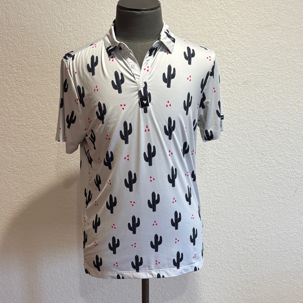 Bad Birdie White Polo with Black Cactus Print